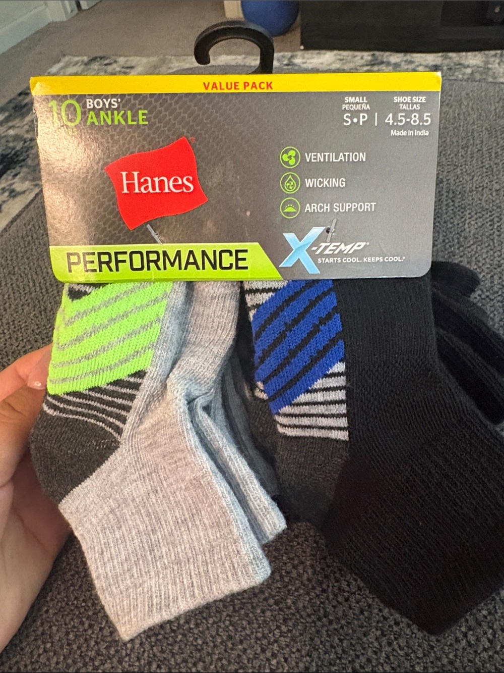 Hanes Performance Boys' Ankle Socks - Gray, Black & Lime (10 Pack)